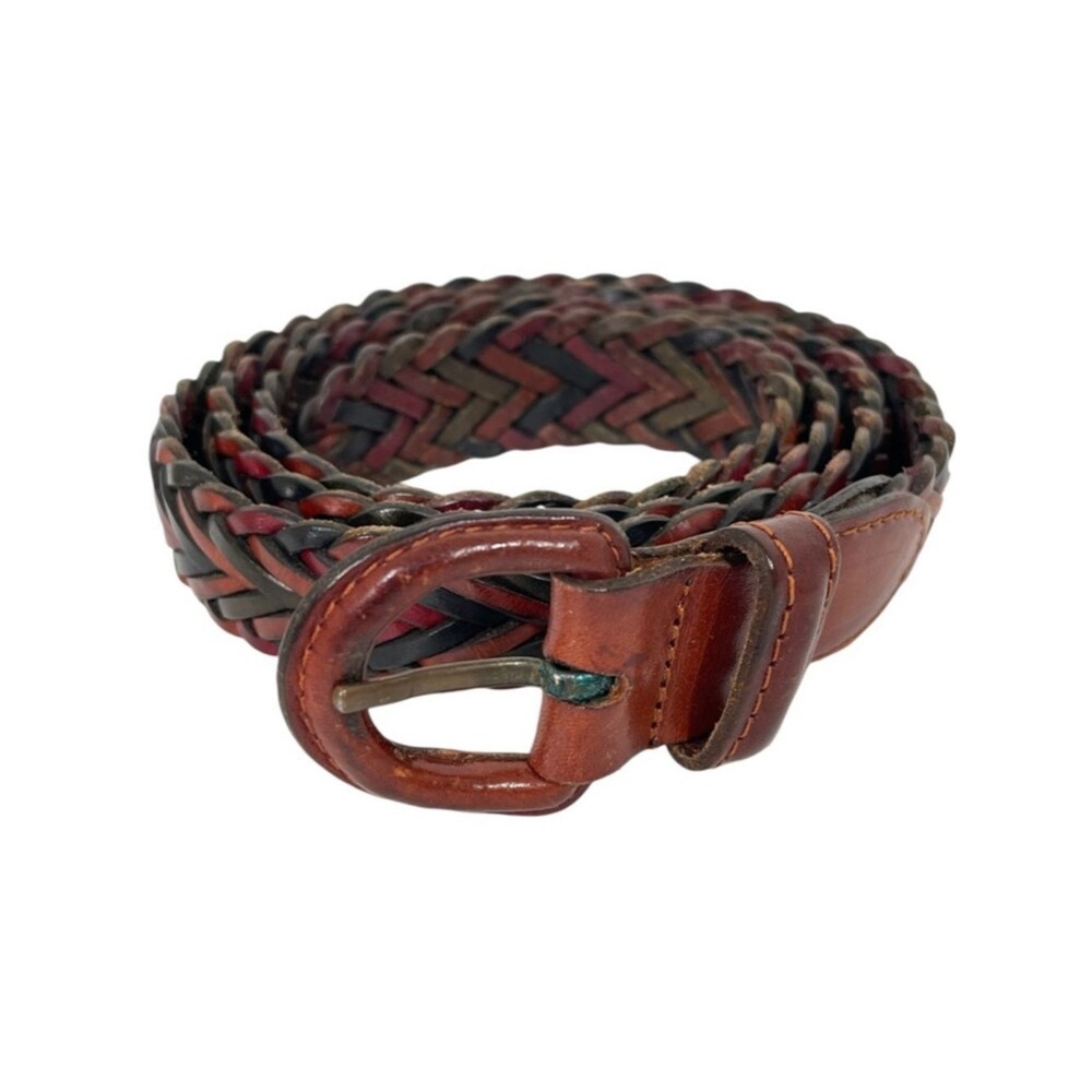 Vintage Woven Leather Belt Two Tone Brown Black Leather Bound Buckle Size 42